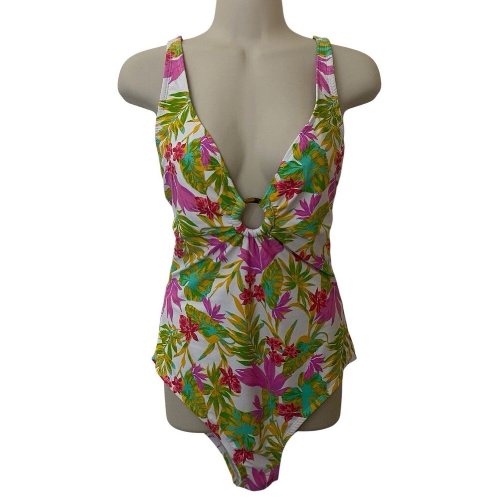 Into The Bleu Womens Size Medium Floral Ringlet One Piece Swimsuit Criss Cross